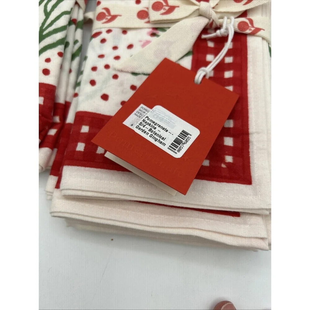 Pomegranate Cotton Napkins 20x20 Green Vines Geometric Hand Block Print 8 Pack